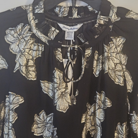 Tommy Bahama Shimmering Shores Longs Sleeve Tiered Dress: Black & Gold Metallic - Picture 7 of 14